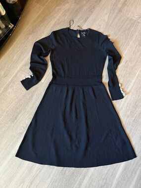 New Nicole Miller Black Long-Sleeve A-Line Dress with Pearl Button-Trim Cuffs S